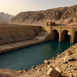 **Ancient Marib Dam:** Ruins of the Marib Dam, showcasing ancient Yemeni water management techniques. Focus on the scale and age, possibly with a hint of golden light.
