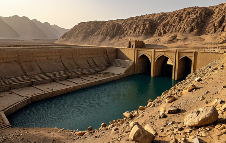 **Ancient Marib Dam:** Ruins of the Marib Dam, showcasing ancient Yemeni water management techniques. Focus on the scale and age, possibly with a hint of golden light.