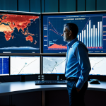 A professional male logistician in a crisp, modest business shirt and trousers, standing in a sophisticated, dimly lit global logistics control center. His gaze is directed towards a vast, illuminated digital map displaying intricate shipping routes across the world, with a prominent, glowing red alert over the Red Sea. Several large monitors in the background show real-time data charts and graphs related to global trade and shipping delays. The atmosphere is serious and high-stakes, emphasizing complex data analysis and strategic decision-making. The individual has perfect anatomy, correct proportions, and a natural pose, with well-formed hands visible. This image is safe for work, appropriate content, fully clothed, professional, high-quality, ultra-realistic, cinematic lighting.