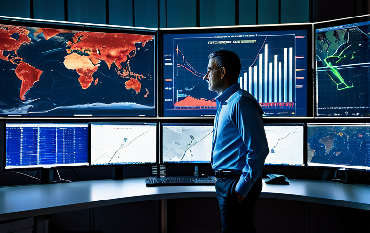 A professional male logistician in a crisp, modest business shirt and trousers, standing in a sophisticated, dimly lit global logistics control center. His gaze is directed towards a vast, illuminated digital map displaying intricate shipping routes across the world, with a prominent, glowing red alert over the Red Sea. Several large monitors in the background show real-time data charts and graphs related to global trade and shipping delays. The atmosphere is serious and high-stakes, emphasizing complex data analysis and strategic decision-making. The individual has perfect anatomy, correct proportions, and a natural pose, with well-formed hands visible. This image is safe for work, appropriate content, fully clothed, professional, high-quality, ultra-realistic, cinematic lighting.