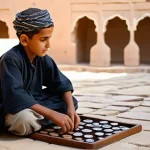 예멘 전통 게임과 퍼즐 - **Mancala Game in a Traditional Setting:**
    A serene and warm image depicting an elder Yemeni man...