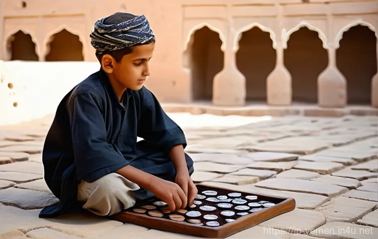 예멘 전통 게임과 퍼즐 - **Mancala Game in a Traditional Setting:**
    A serene and warm image depicting an elder Yemeni man...
